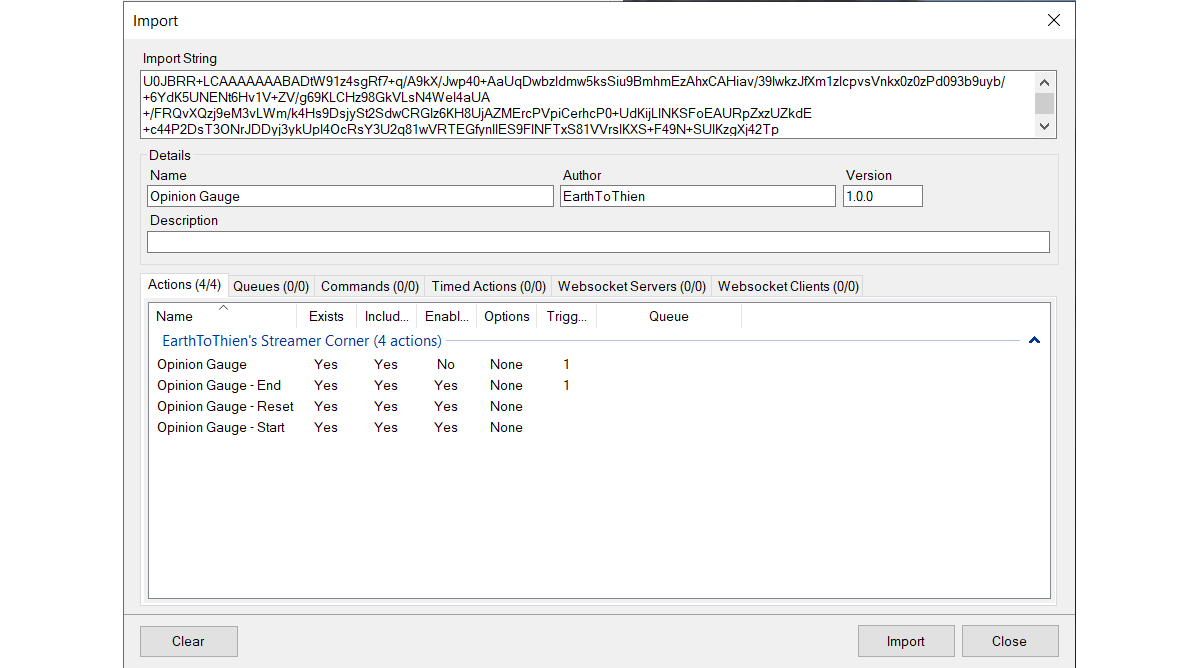 Streamer.Bot import window after importing Opinion Gauge Streamer.Bot file.